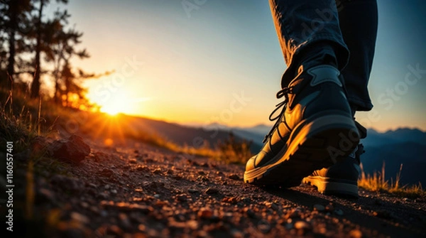 Obraz close-up of hiking boots on a trail at sunset