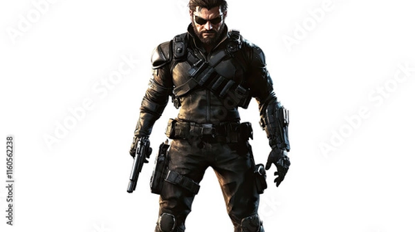 Fototapeta The Shadow Operative: A stoic and determined soldier, clad in tactical gear, stands ready for action, his gaze unwavering and his weapons at the ready.