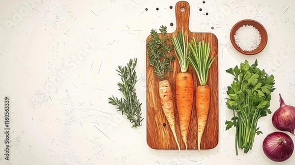 Fototapeta Fresh and Organic Farm-to-Table Meal Preparation - Vibrant 2D Flat Illustration of Cutting Board with Herbs and Vegetables