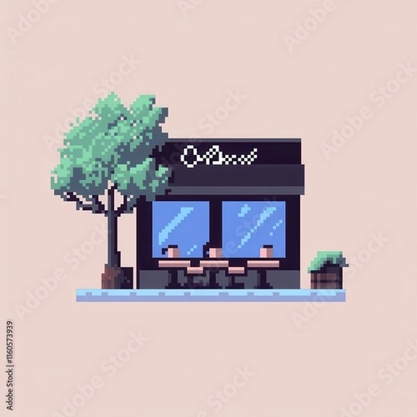 Fototapeta 20241228122317list 18 A delightful 8-bit pixel art of a glowing pixelated coffee shop with tiny pixelated tables, glowing cups, and sparkling windows, set on a pastel beige and brown background 