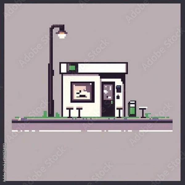 Fototapeta 20241228122317list 18 A delightful 8-bit pixel art of a glowing pixelated coffee shop with tiny pixelated tables, glowing cups, and sparkling windows, set on a pastel beige and brown background 
