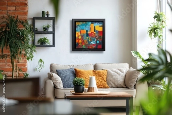 Fototapeta create me a cozy and open living room mockup different angle with a small square 20x20 black frame 