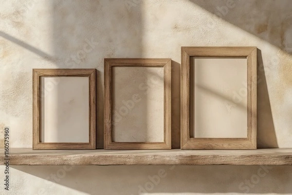 Fototapeta 3 empty wooden frame mockups on a shelf, same sizes, against a neutral wall background, in side view.