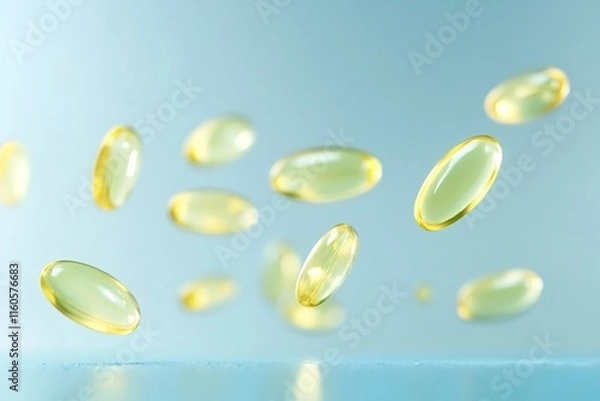 Fototapeta Numerous fish oil capsules gracefully falling onto a reflective surface, creating a vibrant scene that highlights the benefits of health and wellness through omega-3 supplements