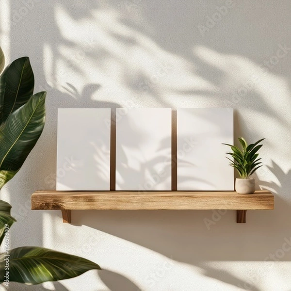 Fototapeta mockup photograph, 3 large blank greetings card standing on wooden shelf, bright colors, daylight, plant 