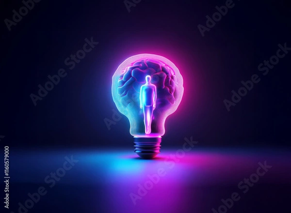 Obraz Glowing lightbulb, vibrant pink and blue hues, contains a translucent human figure.  Represents creativity, innovation, and inner light.