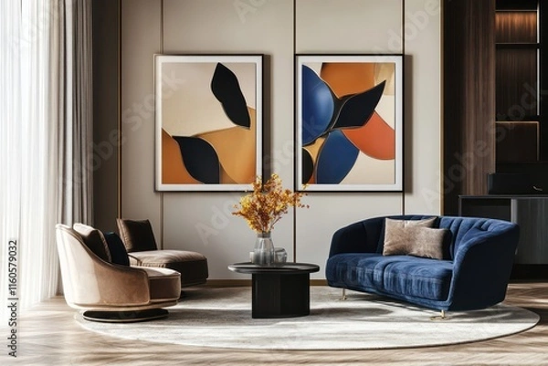 Obraz picture frame mockup, two vertical frames, living room