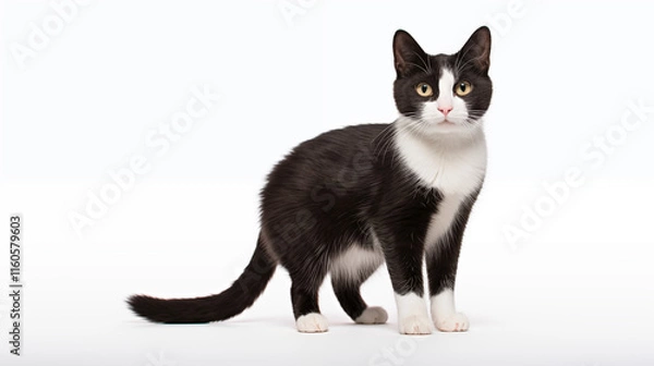 Obraz Beautiful Black and White Feline on Minimal White Backdrop