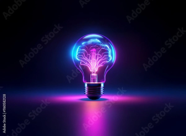 Fototapeta A glowing lightbulb with a vibrant, brain-like structure inside, illuminated in neon purple and blue, sits on a dark surface, casting a bright reflection.  The image evokes creativity and innovation.
