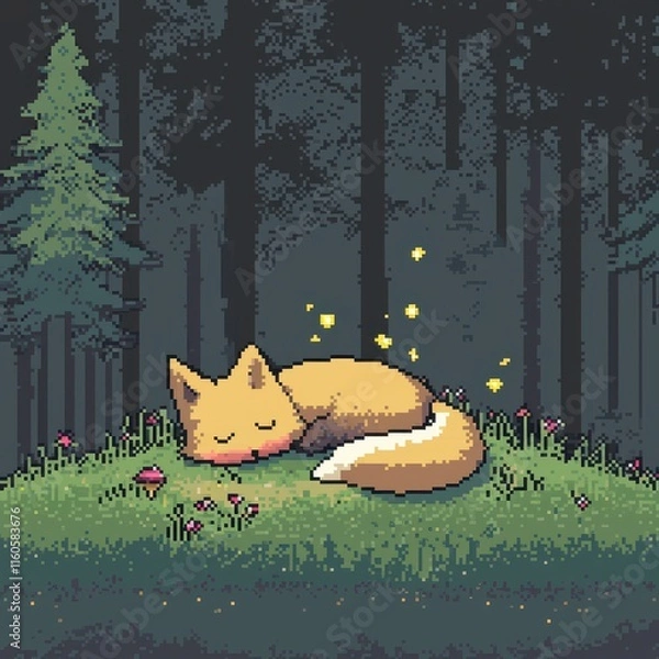 Fototapeta A charming 8-bit pixel art of a glowing pixelated fox curled up on a glowing patch of grass, surrounded by tiny sparkling mushrooms and glowing fireflies, set on a pastel orange and green background 