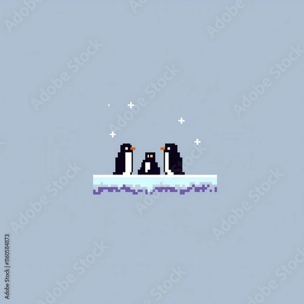 Fototapeta A delightful 8-bit pixel art of a glowing pixelated penguin family huddling on a pixelated glacier, surrounded by glowing snowflakes and sparkling stars, set on a pastel blue and grey background 