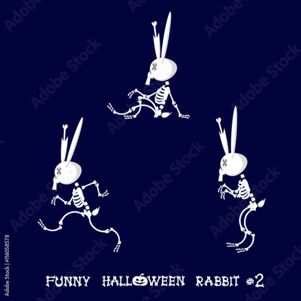 Fototapeta Cute and funny skeleton rabbit in different poses: activity, dance, yoga or gymnastic. Drawing in cartoon style isolated on dark blue background. Set of design elements. Vector illustration