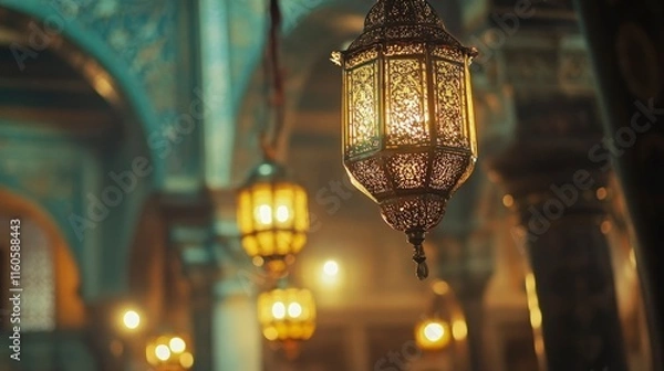 Obraz defocussed illuminated arabic lantern as background.