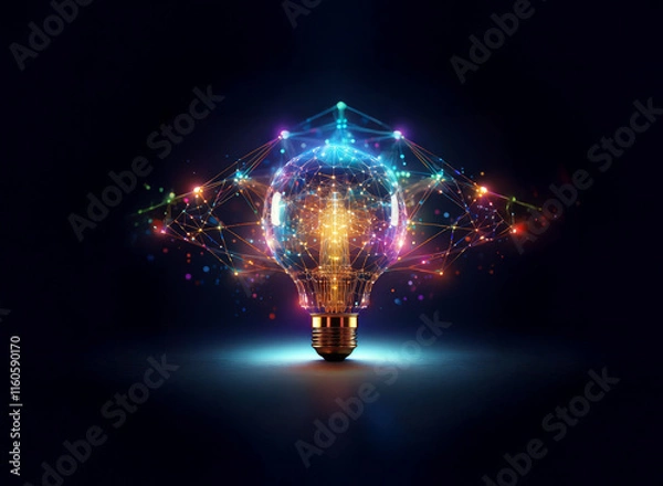 Fototapeta A glowing lightbulb, radiating vibrant, interconnected energy, symbolizes innovation and bright ideas against a dark background.  The intricate network of light represents complex connections and crea