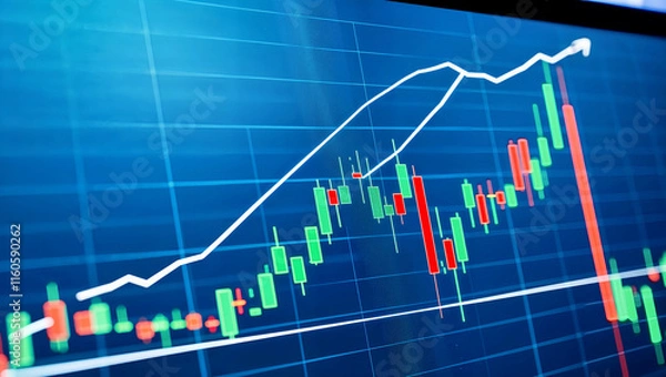 Fototapeta 経済データを反映したローソク足グラフとトレンドラインが特徴のクローズアップ.生成AI