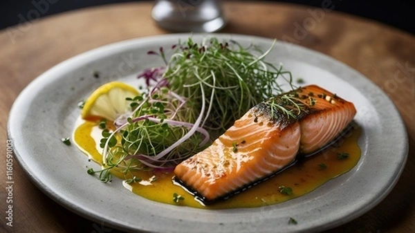 Obraz This elegant dish features a beautifully seared salmon fillet, garnished with fresh dill and zesty lemon wedges, creating a harmonious balance of flavors.
