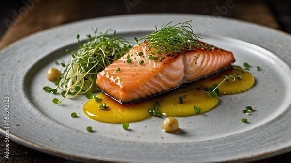 Obraz A gourmet salmon dish with a crispy sear, enhanced by a citrus drizzle and vibrant microgreens, offering a deliciously sophisticated presentation