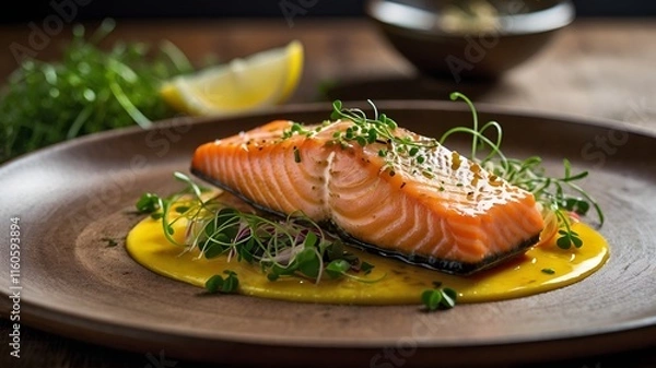 Obraz A beautifully cooked salmon fillet, served with fresh lemon, fragrant dill, and garnished with microgreens, perfect for an upscale dining experience
