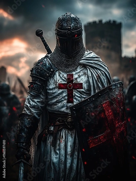 Obraz Medieval Knights Templar warrior standing in a heroic pose