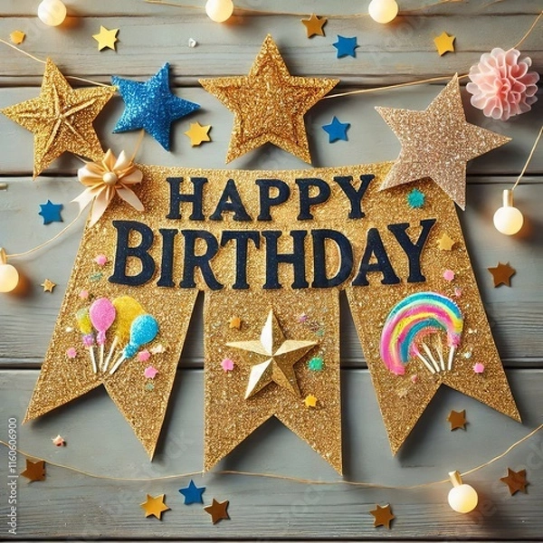 Fototapeta A glittery birthday banner adorned with stars, adding a touch of sparkle to the celebration. Generative AI