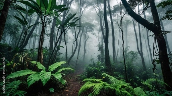 Obraz A lush and misty tropical rainforest with dense vegetation and towering trees shrouded in fog