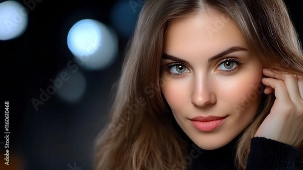Fototapeta Close-up Photo: Serene Woman Gently Posing Against a Dark, Bokeh Background. AI Generated