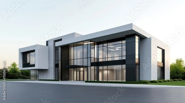 Fototapeta Modern architectural building with large glass windows and sleek design.