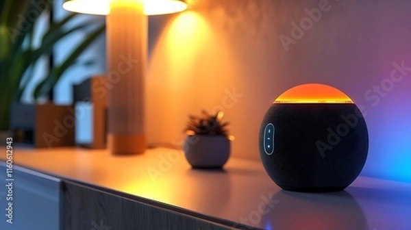 Fototapeta A smart home speaker with glowing lights, elegantly showcased against a white backdrop