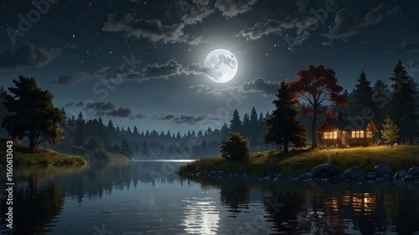 Fototapeta A serene night landscape featuring a full moon reflecting on a calm lake surrounded by a dark forest.