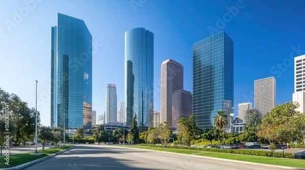Fototapeta Stunning urban scene with shiny reflective skyscrapers and modern business office buildings under a cloudless sky.