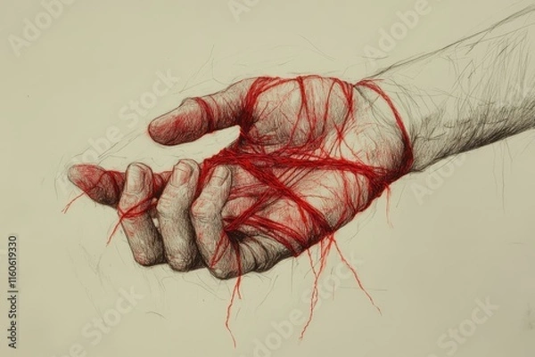 Obraz A hand is tightly wrapped in vivid red threads, representing the complexity of human emotions and connections. The artwork conveys a sense of struggle and entanglement.
