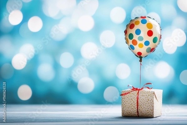 Obraz Bright and Colorful Gift Box with a Polka Dot Balloon Against a Blue Sky Backdrop in a Charming Cartoon Style Illustration