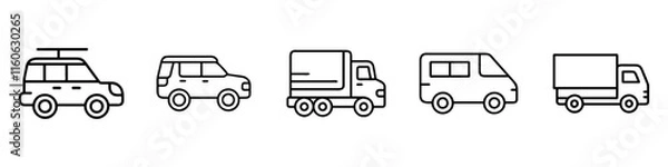 Fototapeta Line Icons of SUVs and Commercial Vehicles - Set of minimalistic line icons featuring SUVs, commercial trucks, and vans, ideal for transportation and vehicle-related designs.
