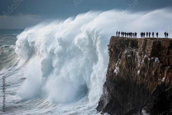 Fototapeta Spectators watch in awe as gigantic waves crash against the rocky cliffs, creating towering sprays of water under a cloudy sky at a coastal location.