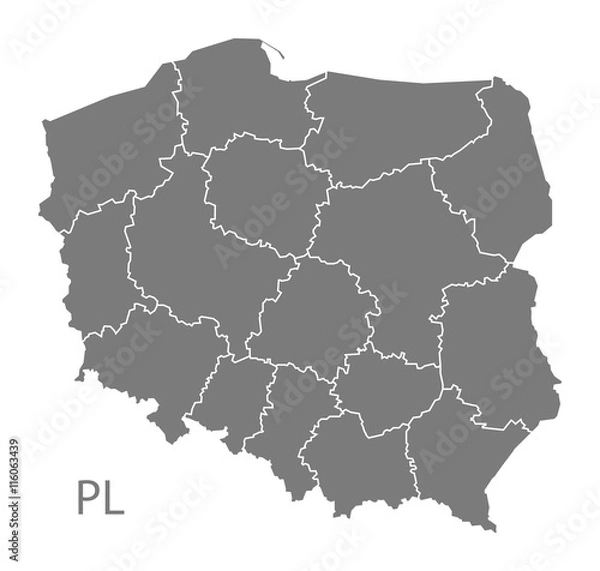 Obraz Mapa Polski z szarymi regionami