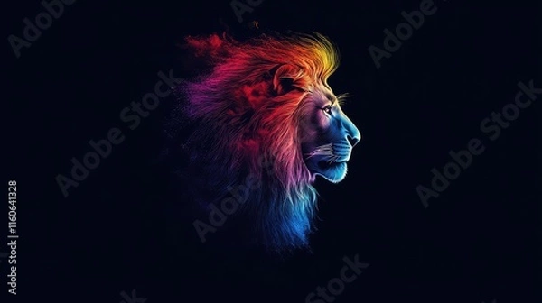 Fototapeta Colorful lion in abstract rainbow tones against a sleek black background