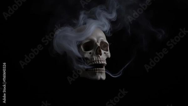 Fototapeta "Mysterious smoke wafts from the left cheekbone of a haunting, illuminated skull set against a deep black backdrop."