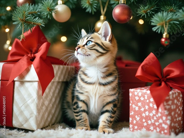 Obraz sweet little kitty with lovele blue eyes looking curiously up to christmas tree above him, kitty ist sitting between some christmas gifts below christmas tree, generative AI