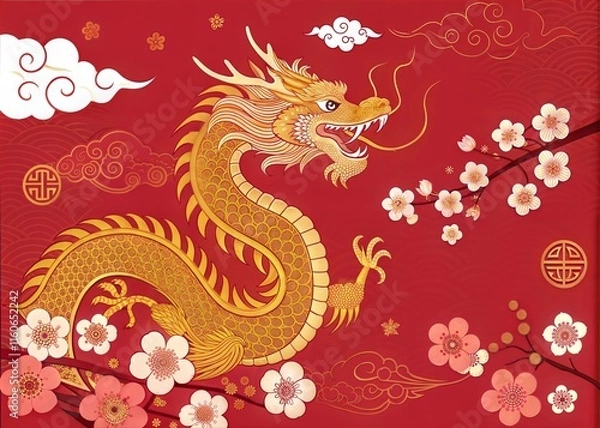 Fototapeta Golden Chinese Dragon with Cherry Blossoms on Red Background
