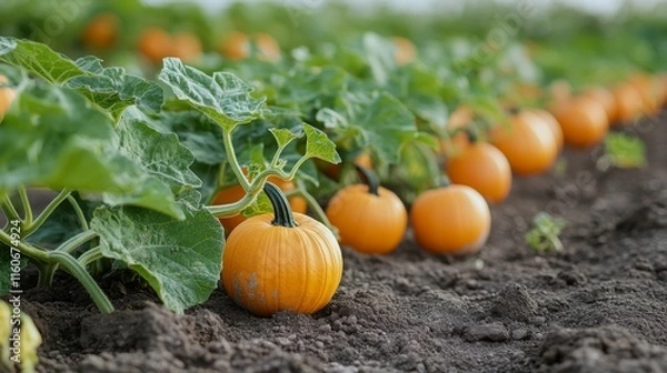 Fototapeta Pumpkins growing in a lush field on a rainy day in autumn
