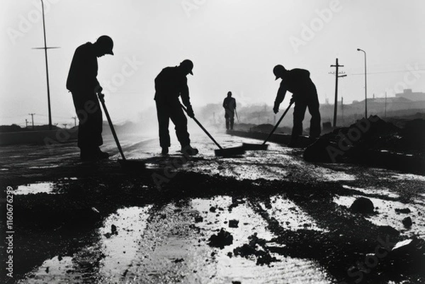 Fototapeta Construction workers repair road at dawn creating a silhouette against the misty landscape