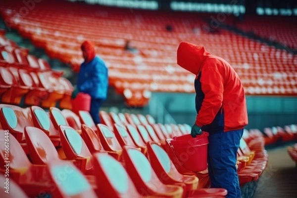 Obraz Workers clean empty stadium seats in preparation for an upcoming event during early morning hours