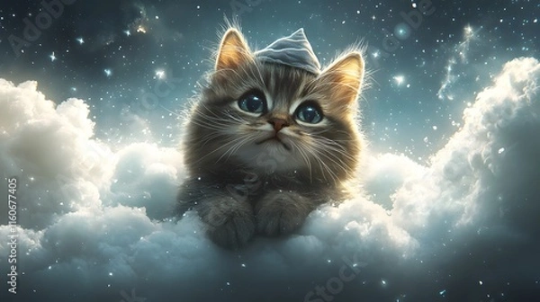 Fototapeta A Captivating Illustration of a Fluffy Cat Wizard Perched upon a Dreamy Cloud Surrounded by Stars