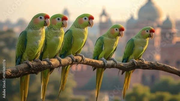 Fototapeta A group of green parrots perched on a branch, with vibrant plumage, set against a blurred cityscape featuring domes and towers in the background.