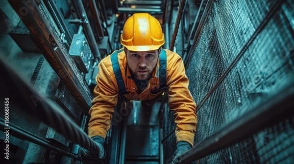 Fototapeta An elevator mechanic inspecting cables in a high-rise building shaft, highlighting precision and safety in industrial maintenance work.
