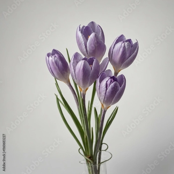 Fototapeta A soft lavender crocus bloom with a long stem, standing against a white background.