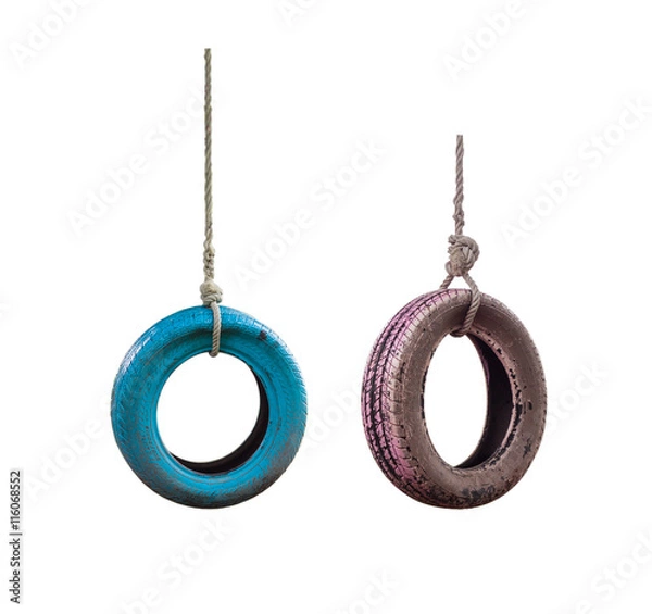 Fototapeta Pink and Blue tire swing isolated on a white background