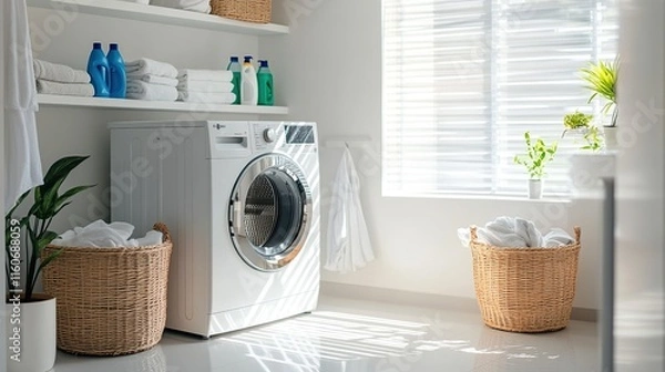 Obraz Modern washing machine in a clean laundry room with appliances and furniture, showing a fresh interior design and organized space