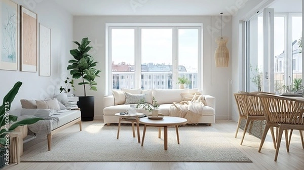 Fototapeta Luxurious living room with wooden furniture, tables and chairs, featuring large windows and elegant decor in a spacious and bright interior
