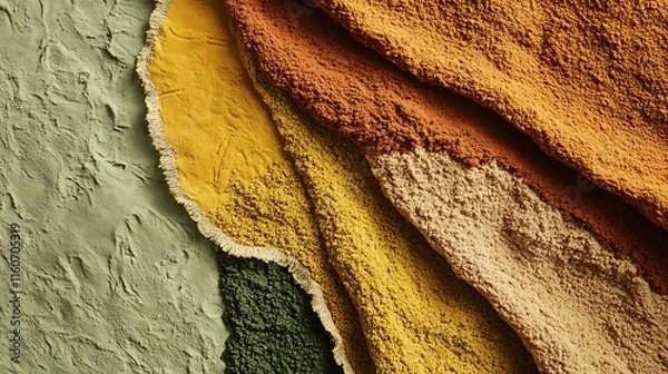 Fototapeta Colorful textured fabric swatches in earthy tones arranged on a textured surface.